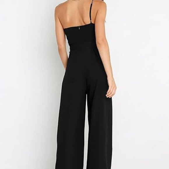 Chic One-Shoulder Wide-Leg Jumpsuit – Elegant Backless Tie-Waist Romper | Black - Picture 3 of 7